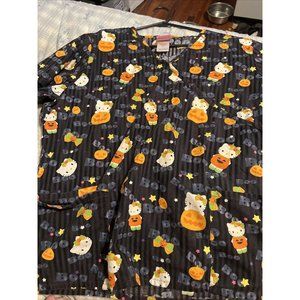 Hello Kitty Halloween Scrub Top Women's Large Short Sleeve Pockets Black
